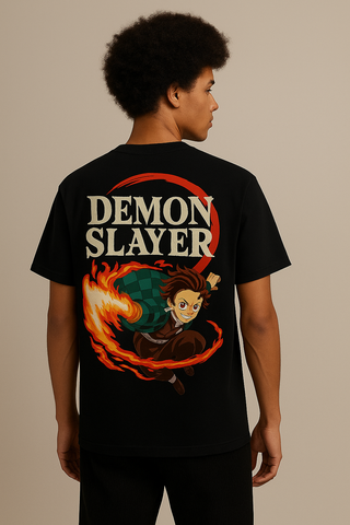 Demon Slayer-Tanjiro Kamado-Black Oversized Graphic T-Shirt – Unisex Cotton french terry Tee